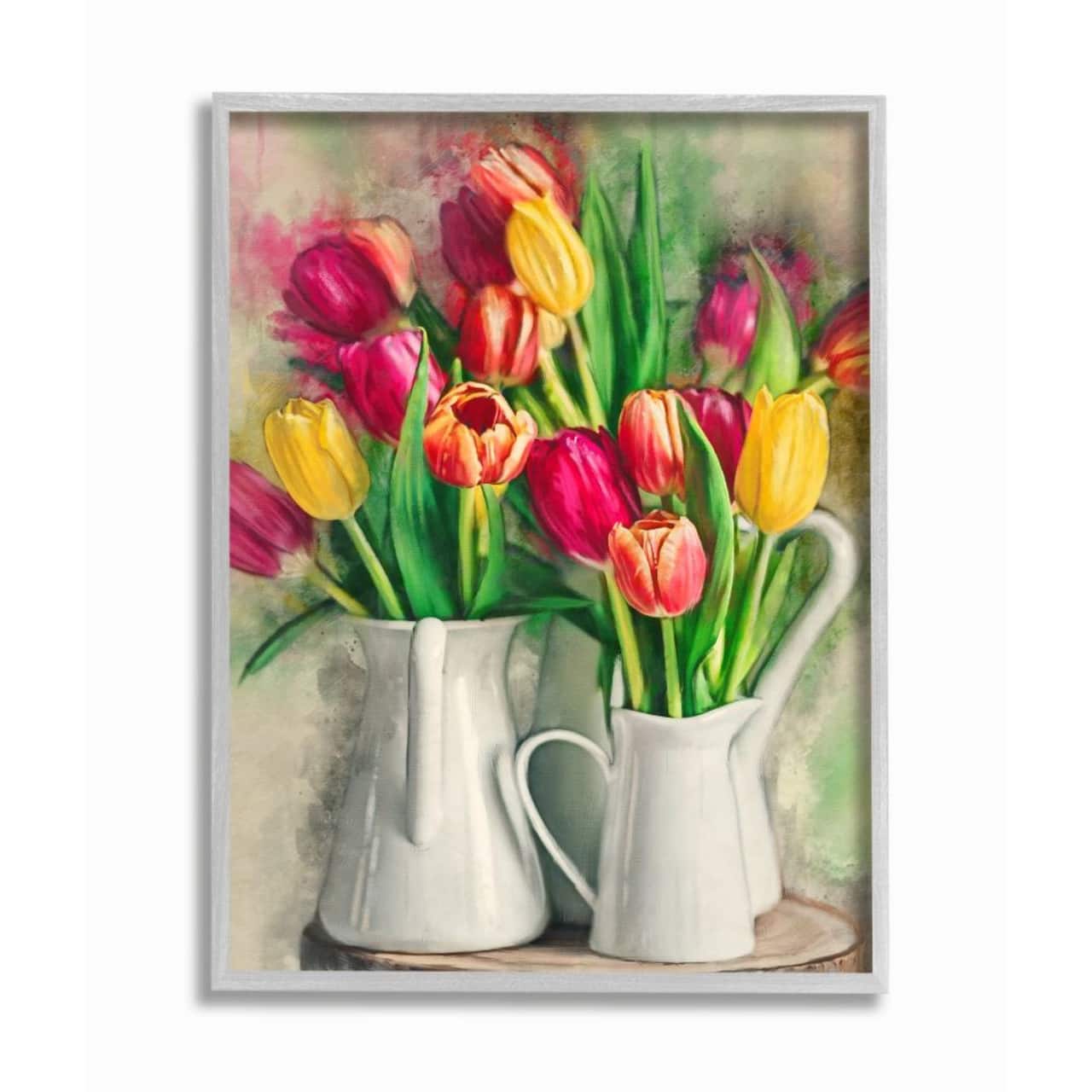 Stupell Industries Colorful Tulip Assortments in Farm Pitchers with Gray Frame Wall Accent